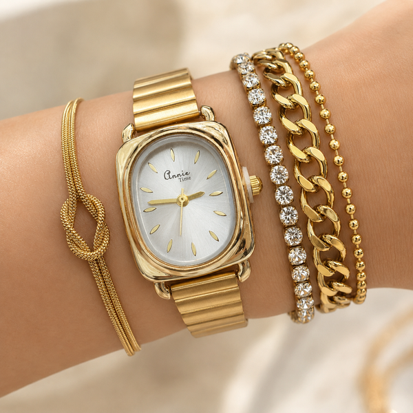 WHITE DIAL ROYALE GOLD ANALOG WATCH STACK