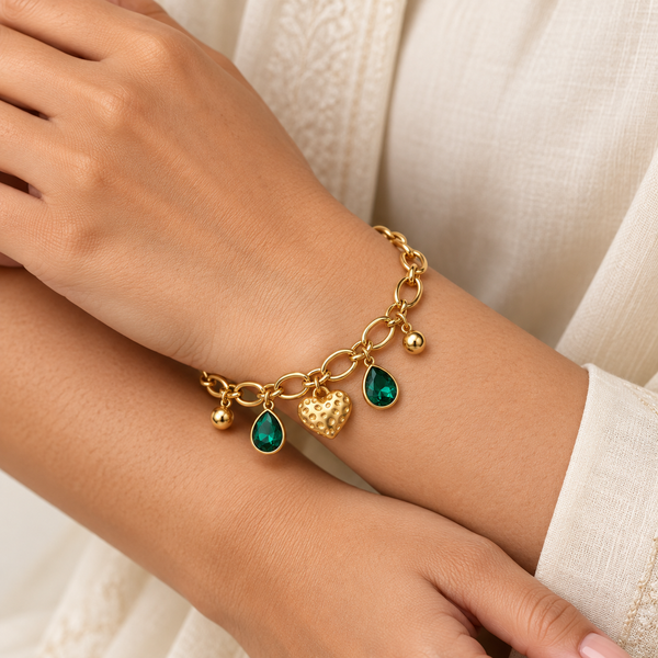 Gold Heart Emerald Drop Bracelet