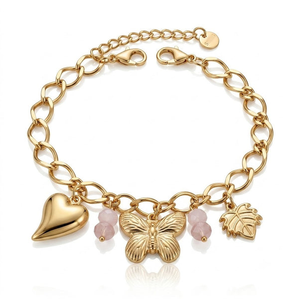 Gold Butterfly Pink Charm Bracelet