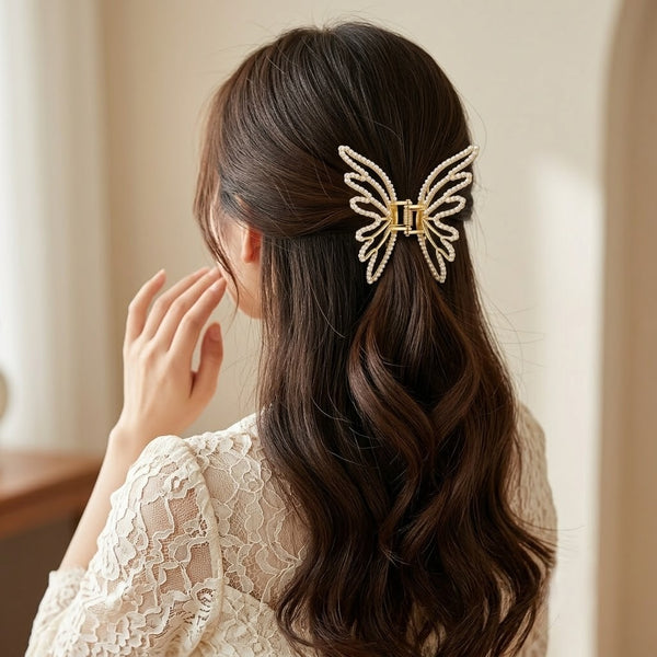 White Pearl Adorned Butterfly Hair Claw hair claw clip – alternate angle