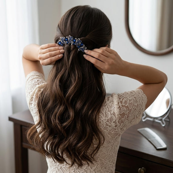 Twilight Butterfly Tiara Hair Pin hair clip worn on model – styled for women