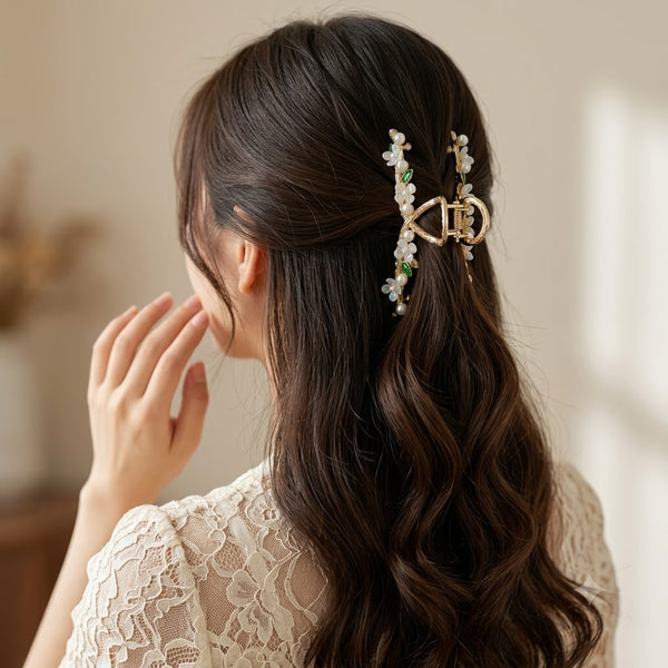 Close-up of the Pearl Blossom Hair Clip showing pearl detail