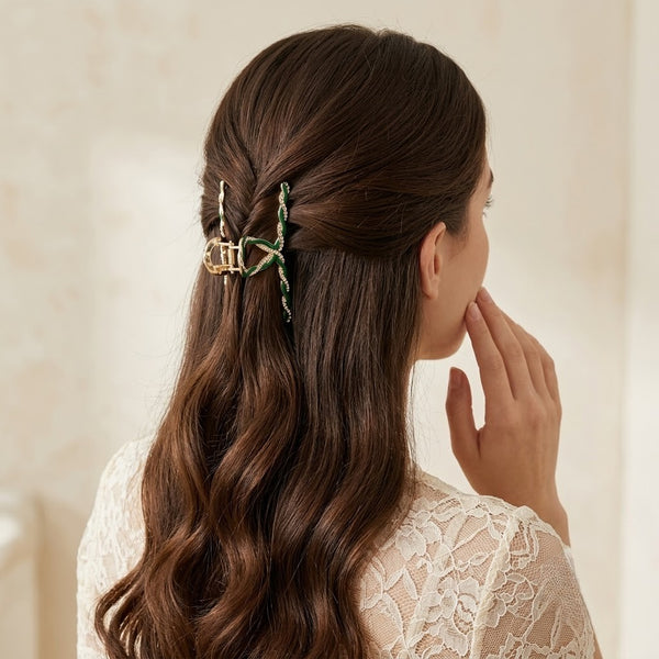 Close-up detail of the Twisted Embellished Green Hair Clip hair claw clip