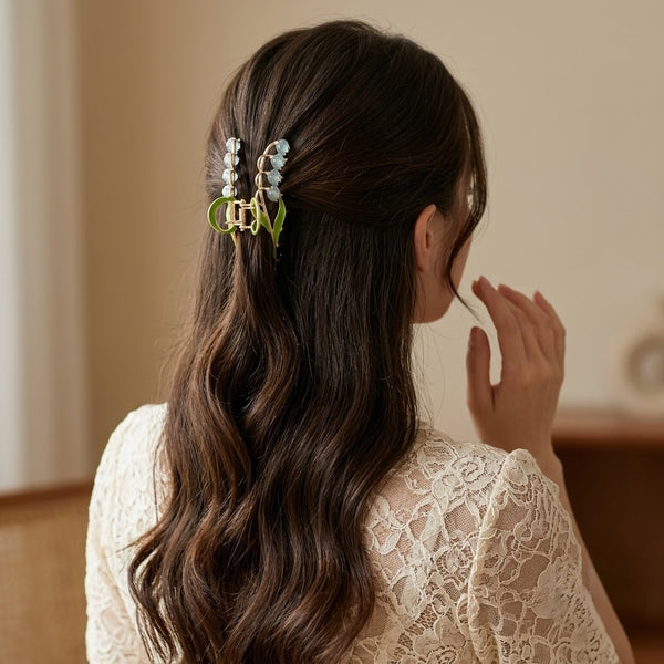 Blue Lily Hair Claw Clip worn on model – styled for women