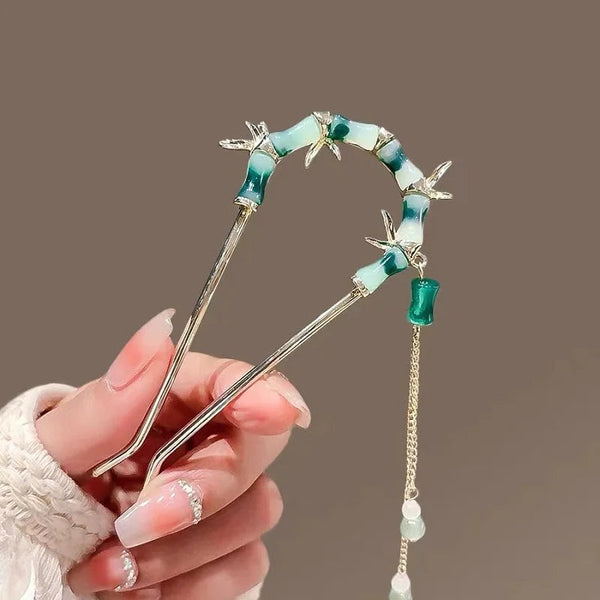 Close-up detail of the Bamboo-inspired Dangling Bead Hair Pin hair clip
