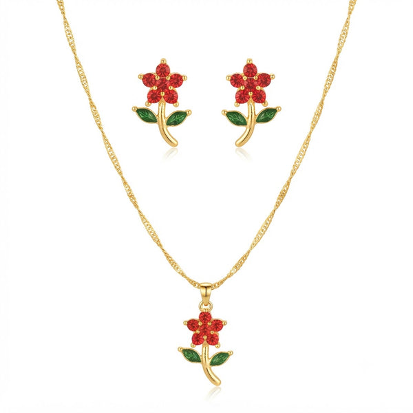 Ruby Flower Necklace with Earrings