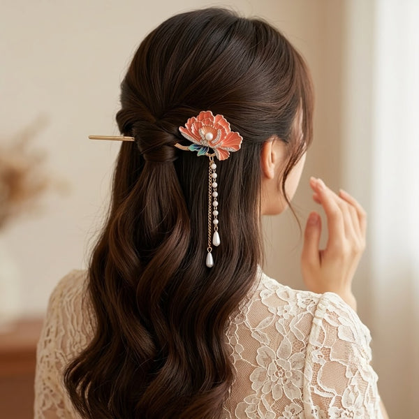 Peony Studded Hair Stick worn on model – styled for women