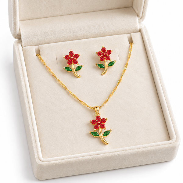 Ruby Flower Necklace with Earrings