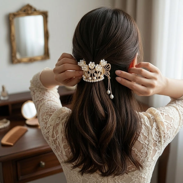 Embellished White Tulip Hair Claw hair claw clip worn on model – styled for women