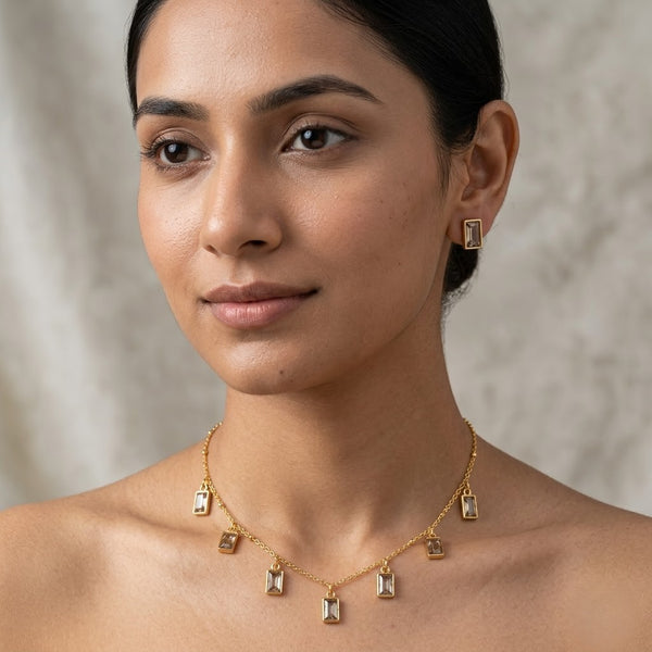 Delicate Drop Rectangle Charm Necklace with Earrings