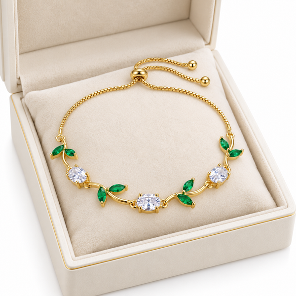 Crystal Emerald Leaf Adjustable Bracelet