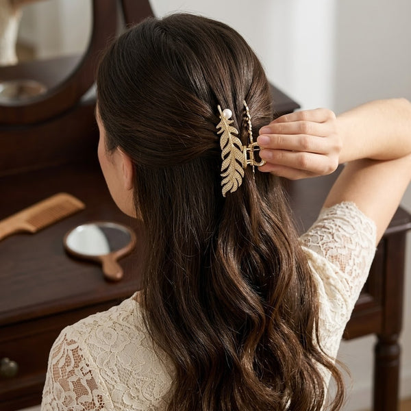Gold Pearly Leaf Hair Clip hair barrette – alternate angle