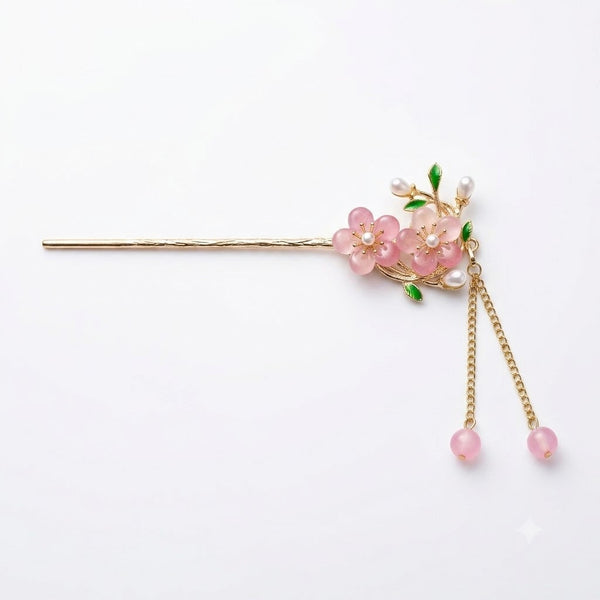 Pink Double Flower Fringe Hairpin hair clip worn on model – styled for women