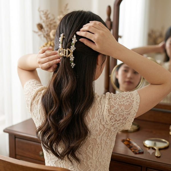 Pearl Blossom Hair Clip hair barrette worn on model – styled for women