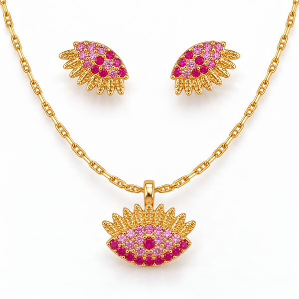 Pink Studded Eye Necklace with Earrings