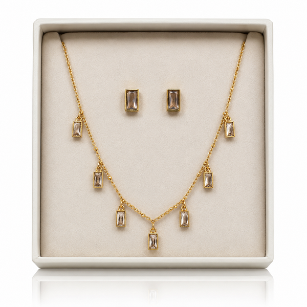 Delicate Drop Rectangle Charm Necklace with Earrings