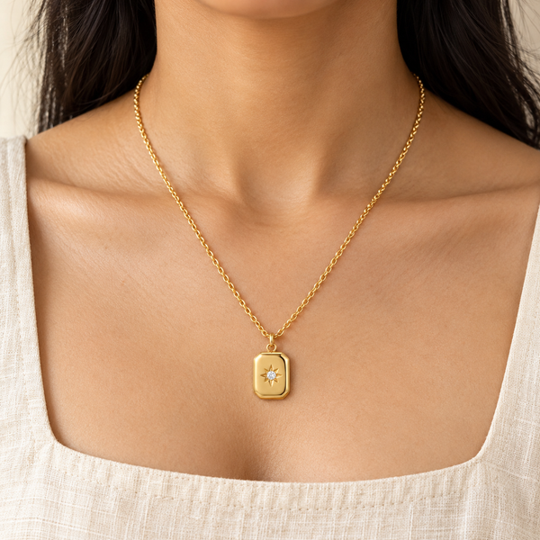 Gold Brick Studded Star Necklace