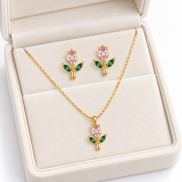 Pink Tulip Necklace with Earrings