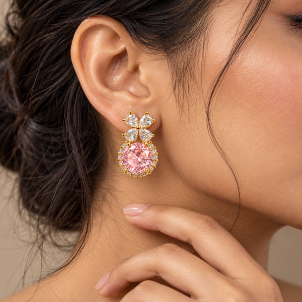 Pink Ball Crystal Flower Earrings