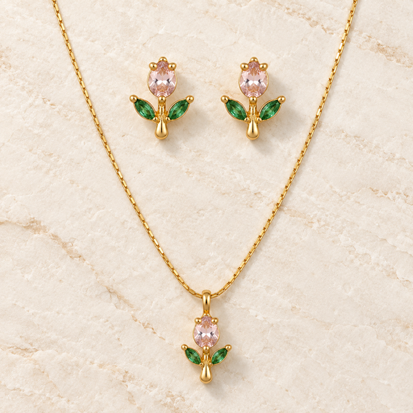 Pink Tulip Necklace with Earrings
